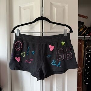 VS Pink Black Embroidered Graphic Lounge Shorts with Pink Accents